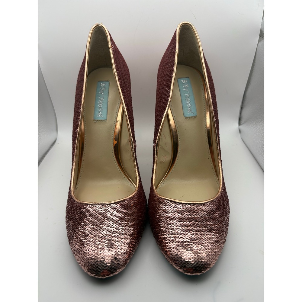 Betsey Johnson SB-LOU Rose Gold Sequin Block Heel Pumps Womens 7.5 Rose Gold